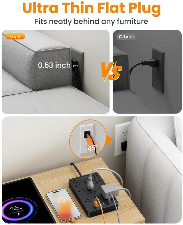 Alt view image 7 of 7 - Surge Protector Power Strip - 11 Outlets(1850W/15A/14AWG) with 6 USB Ports(2 USB C), 6FT Flat Plug Extension Cord, Wall Mount, Black, ETL Listed for Home, Dorm Room
