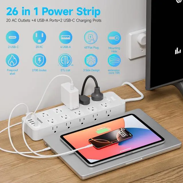 Alt view image 2 of 7 - 20 Outlet Power Strip with USB C,6Ft Extension Cord with Multiple Outlets, 2700 Joules Surge Protector,1875W/15A, ETL Listed for Home Office Dorm Gaming (White, 6FT)