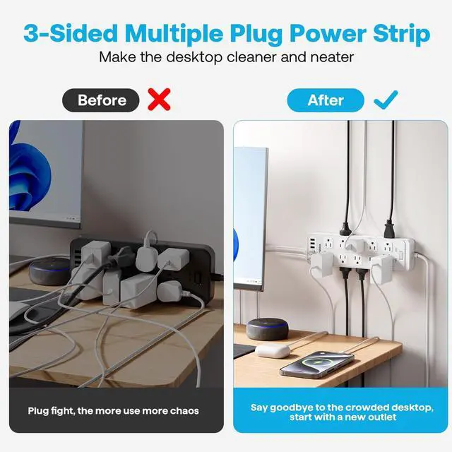 Alt view image 4 of 7 - 20 Outlet Power Strip with USB C,6Ft Extension Cord with Multiple Outlets, 2700 Joules Surge Protector,1875W/15A, ETL Listed for Home Office Dorm Gaming (White, 6FT)
