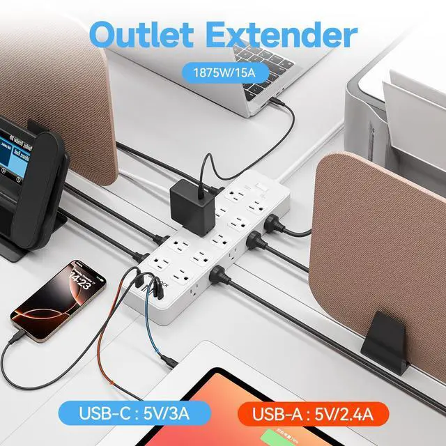 Alt view image 5 of 7 - 20 Outlet Power Strip with USB C,6Ft Extension Cord with Multiple Outlets, 2700 Joules Surge Protector,1875W/15A, ETL Listed for Home Office Dorm Gaming (White, 6FT)