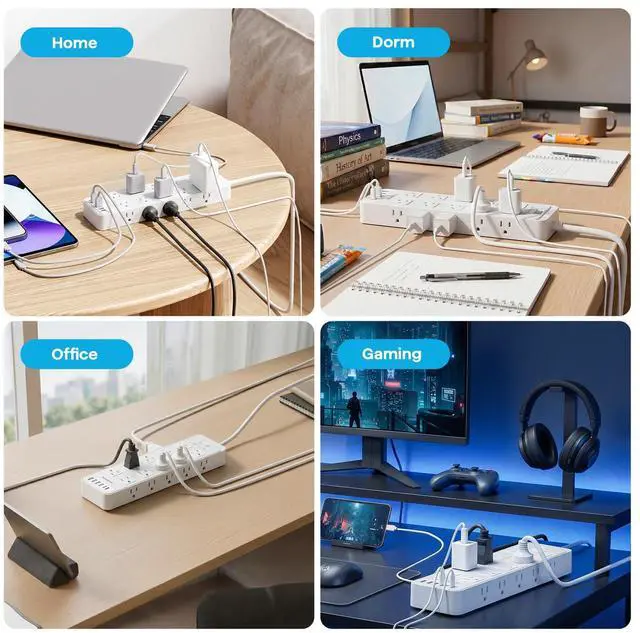 Alt view image 6 of 7 - 20 Outlet Power Strip with USB C,6Ft Extension Cord with Multiple Outlets, 2700 Joules Surge Protector,1875W/15A, ETL Listed for Home Office Dorm Gaming (White, 6FT)
