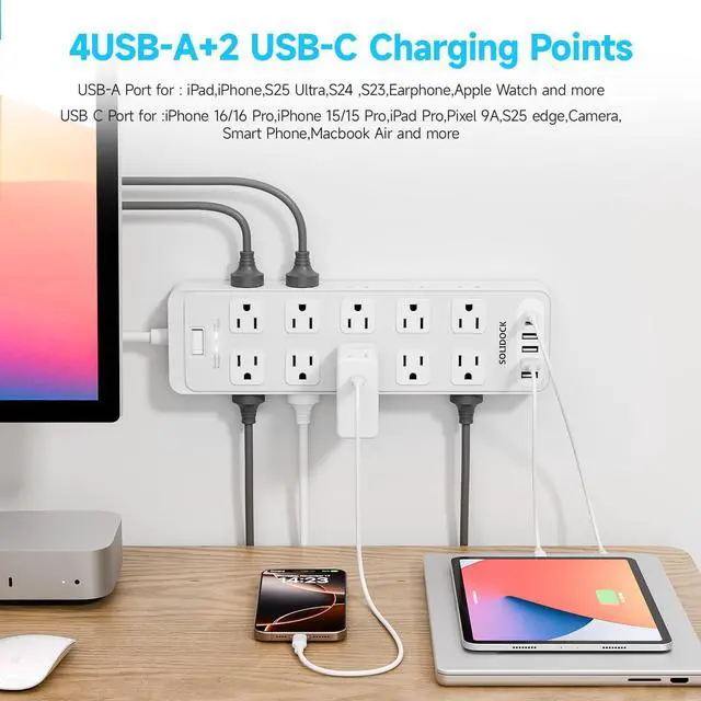 Alt view image 3 of 7 - 20 Outlet Power Strip with USB C,6Ft Extension Cord with Multiple Outlets, 2700 Joules Surge Protector,1875W/15A, ETL Listed for Home Office Dorm Gaming (White, 6FT)