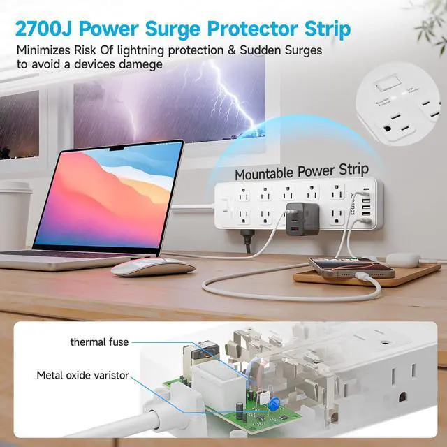 Alt view image 7 of 7 - 20 Outlet Power Strip with USB C,6Ft Extension Cord with Multiple Outlets, 2700 Joules Surge Protector,1875W/15A, ETL Listed for Home Office Dorm Gaming (White, 6FT)