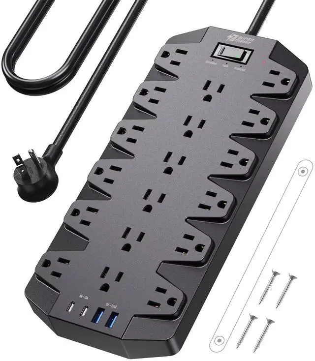 Main image of Surge Protector Power Strip, 18 AC Outlets with 4 USB Ports, 1875W/15A, 2100J, 6.5FT Flat Plug Heavy Duty Extension Cord with Wall Mount Holes for Home, Office, Gaming Room,Dorm, Black