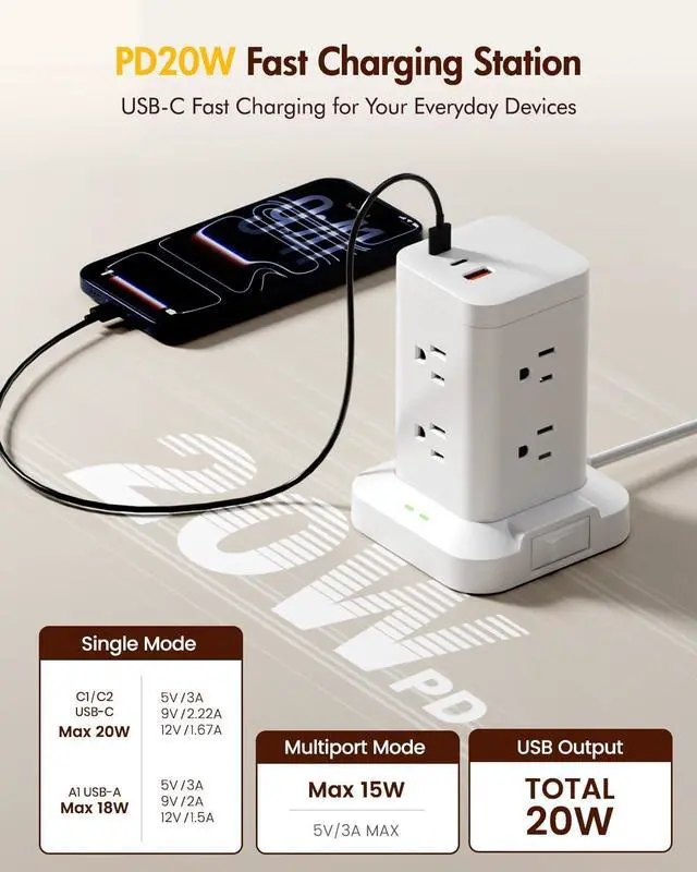 Alt view image 3 of 7 - Power Strip Tower with Surge Protector 1800J, Fast Charging Tower PD20W USB-C Ports with 8 AC Outlets, 6ft Extension Cord for Home Office Dorm Room, White