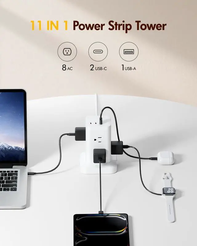 Alt view image 2 of 7 - Power Strip Tower with Surge Protector 1800J, Fast Charging Tower PD20W USB-C Ports with 8 AC Outlets, 6ft Extension Cord for Home Office Dorm Room, White
