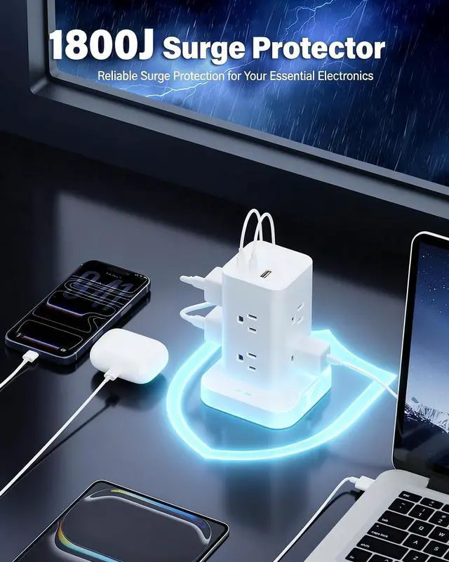 Alt view image 4 of 7 - Power Strip Tower with Surge Protector 1800J, Fast Charging Tower PD20W USB-C Ports with 8 AC Outlets, 6ft Extension Cord for Home Office Dorm Room, White