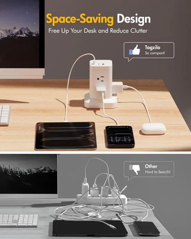 Alt view image 5 of 7 - Power Strip Tower with Surge Protector 1800J, Fast Charging Tower PD20W USB-C Ports with 8 AC Outlets, 6ft Extension Cord for Home Office Dorm Room, White