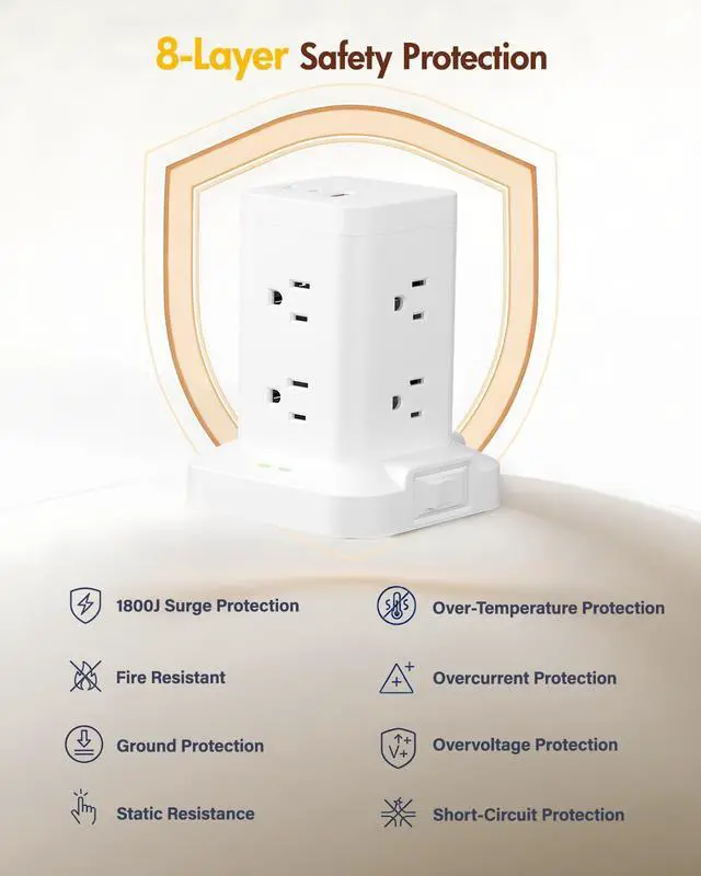 Alt view image 6 of 7 - Power Strip Tower with Surge Protector 1800J, Fast Charging Tower PD20W USB-C Ports with 8 AC Outlets, 6ft Extension Cord for Home Office Dorm Room, White