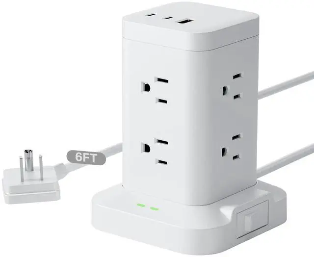 Main image of Power Strip Tower with Surge Protector 1800J, Fast Charging Tower PD20W USB-C Ports with 8 AC Outlets, 6ft Extension Cord for Home Office Dorm Room, White
