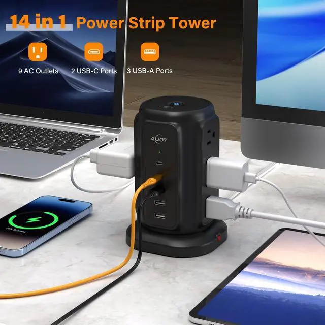 Alt view image 2 of 7 - Tower Surge Protector Power Strip, 14-Device Charging Station with 9 AC Outlets & 5 USB (2 USB-C), 1200J Surge Protection, 6.5FT Flat Plug Extension Cord, Wide-Spaced Outlets, Individual Switch