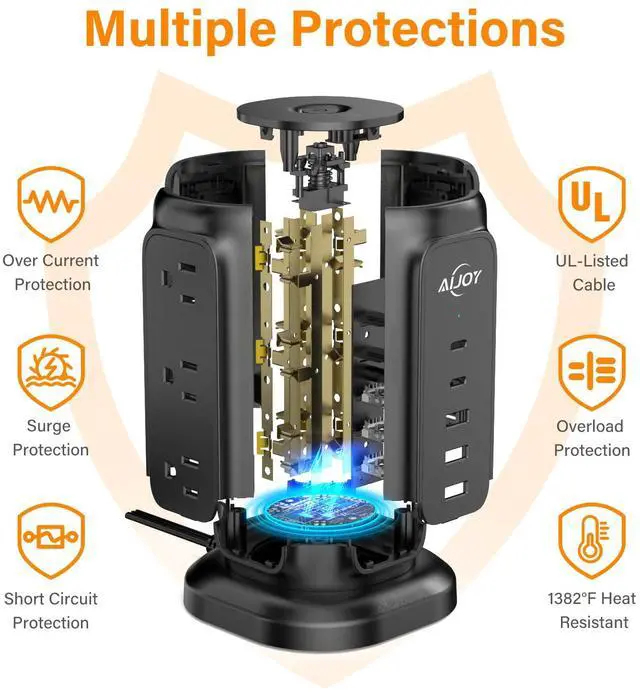Alt view image 4 of 7 - Tower Surge Protector Power Strip, 14-Device Charging Station with 9 AC Outlets & 5 USB (2 USB-C), 1200J Surge Protection, 6.5FT Flat Plug Extension Cord, Wide-Spaced Outlets, Individual Switch