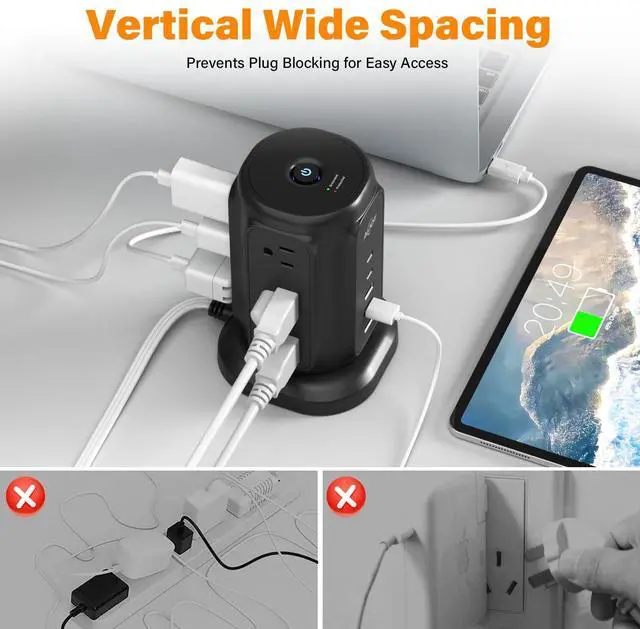 Alt view image 6 of 7 - Tower Surge Protector Power Strip, 14-Device Charging Station with 9 AC Outlets & 5 USB (2 USB-C), 1200J Surge Protection, 6.5FT Flat Plug Extension Cord, Wide-Spaced Outlets, Individual Switch