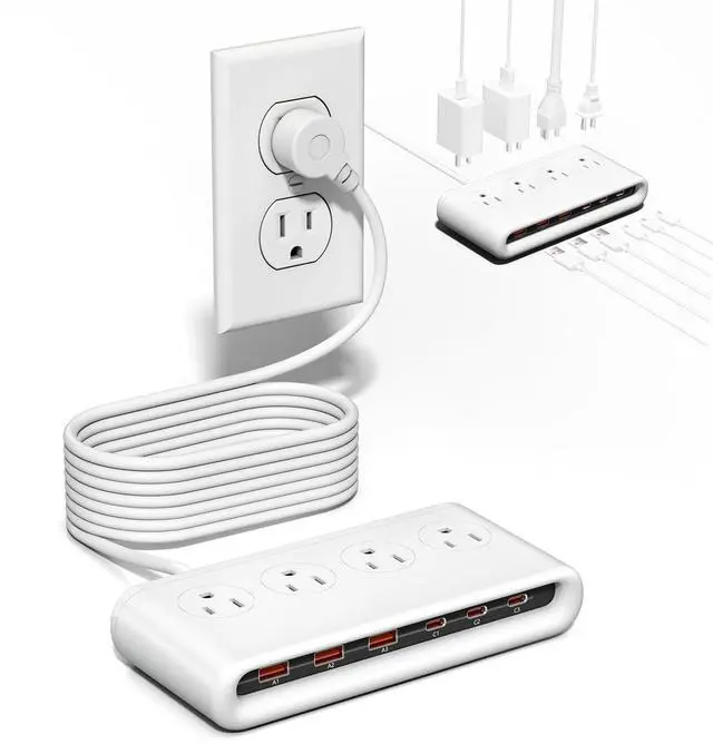 Main image of 10 in 1 Travel Power Strip, 5ft Extension Cord with Multiple Outlets | 4 AC, 3 USB C, 3 USB A, Flat Plug Power Strip, PD20W Charging Station with Multiple Outlets, Cruise Essentials, ETL Listed