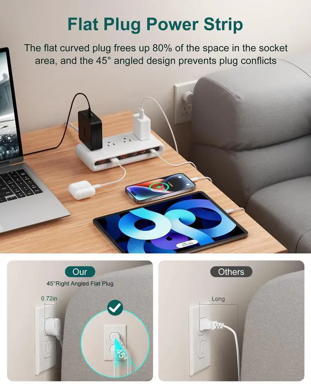 Alt view image 2 of 7 - 10 in 1 Travel Power Strip, 5ft Extension Cord with Multiple Outlets | 4 AC, 3 USB C, 3 USB A, Flat Plug Power Strip, PD20W Charging Station with Multiple Outlets, Cruise Essentials, ETL Listed