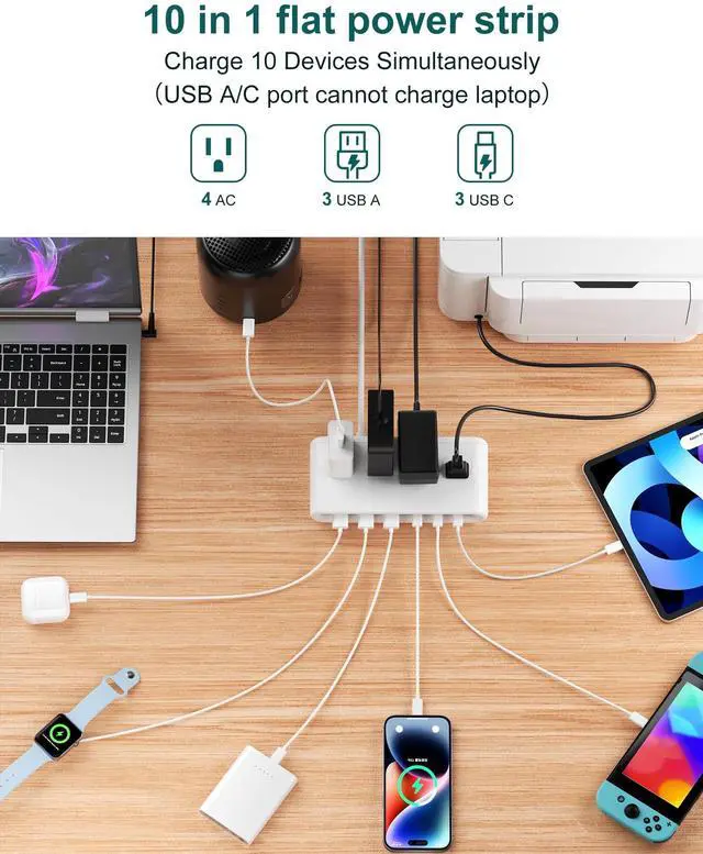 Alt view image 3 of 7 - 10 in 1 Travel Power Strip, 5ft Extension Cord with Multiple Outlets | 4 AC, 3 USB C, 3 USB A, Flat Plug Power Strip, PD20W Charging Station with Multiple Outlets, Cruise Essentials, ETL Listed