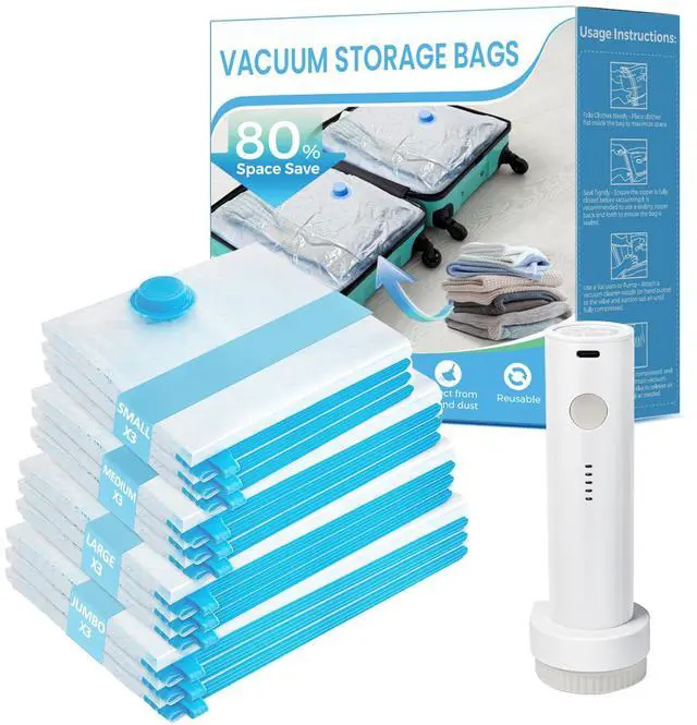 Main image of Vacuum Seal Bags for Clothing Travel, 12 Pack Vacuum Storage Bags for Clothes with Portable Electric Pump, Space Saver Bags for Luggage Traveling and Clothing