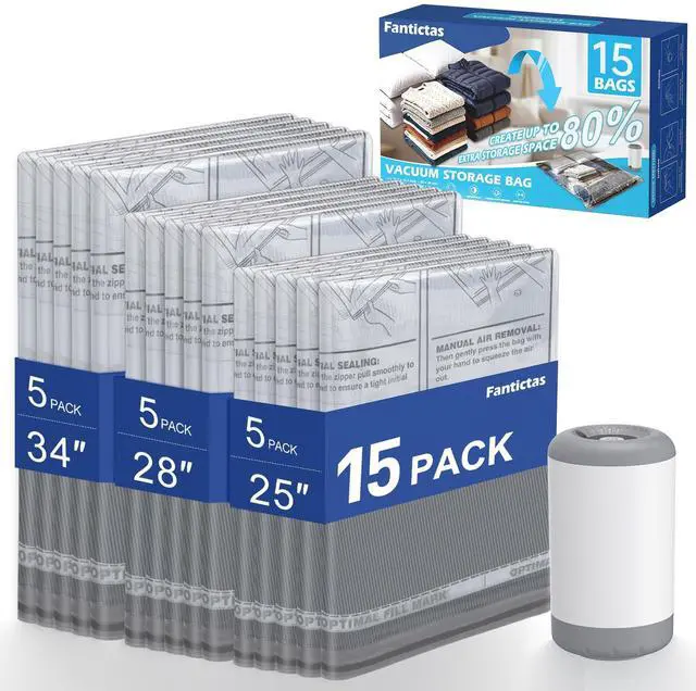 Main image of Fantictas Travel Vacuum Storage Bags with Rechargeable Air Pump, 15 Pack Portable Space Saver Bags, Compression Bags for Clothing, Bedding, Seasonal Storage & Packing Bags for Moving