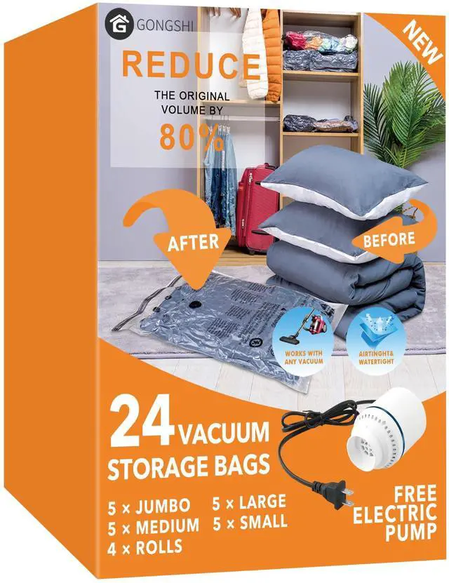 Main image of Vacuum Seal Bags for Clothing Travel & Home Storage, Travel Vacuum Bags with Pump,Space Saver for Blankets, Comforters, Pillows, Clothes,24 Combo with Electric Pump