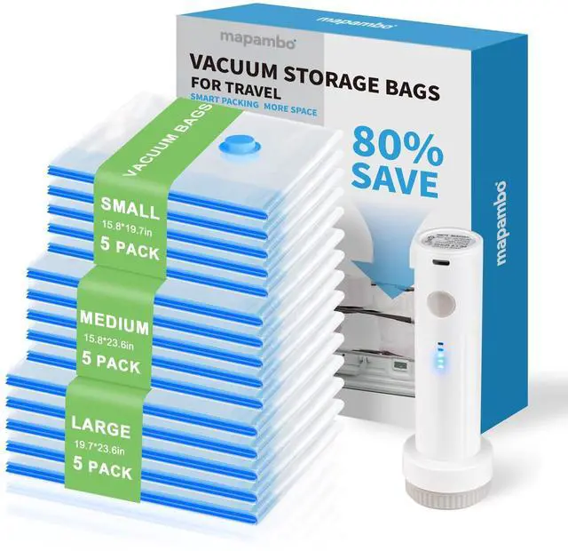 Main image of Travel Vacuum Bags with -4000Pa Electric pump, 15 Pack Vacuum Seal Bags for Clothing Travel in 3 Combo sizes, Space Saver Vacuum Storage Bags, Saving up to 80% of Space (15 Combo Pack)