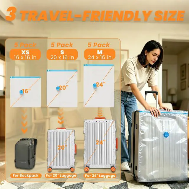 Alt view image 2 of 7 - Travel Vacuum Storage Bags with Rechargeable Cordless Pump, 15-Pack Space Saver Bags for Suitcase & Luggage, Reusable Compression Bags in 3 Carry-On Sizes(16/20/24 Inch)