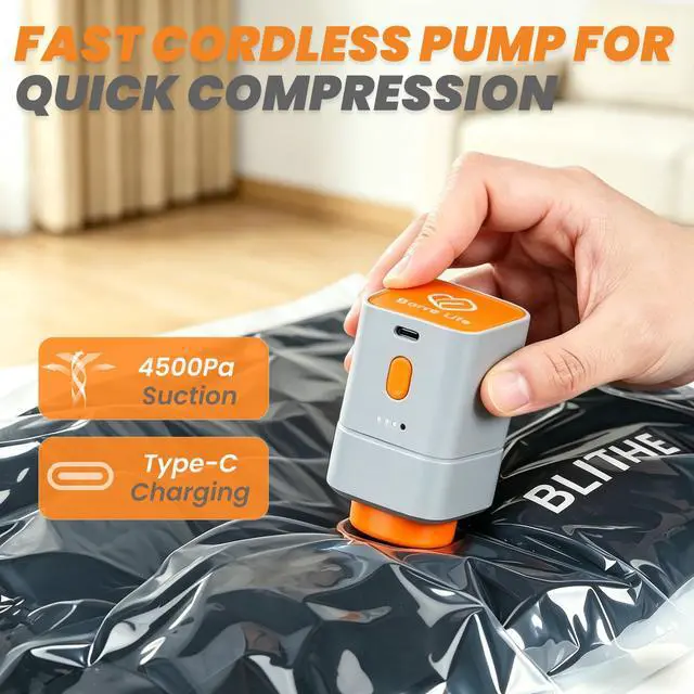 Alt view image 3 of 7 - Travel Vacuum Storage Bags with Rechargeable Cordless Pump, 15-Pack Space Saver Bags for Suitcase & Luggage, Reusable Compression Bags in 3 Carry-On Sizes(16/20/24 Inch)