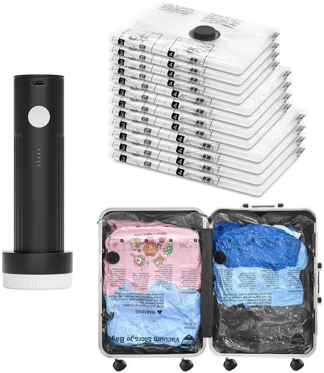 Main image of Vacuum Seal Bags for Clothing Travel and Home Storage, Travel Vacuum Bags with Electric Pump, Space Saver Compression Packing Cubes for Luggage Suitcase Bedding Blankets Clothes, 12 Combo