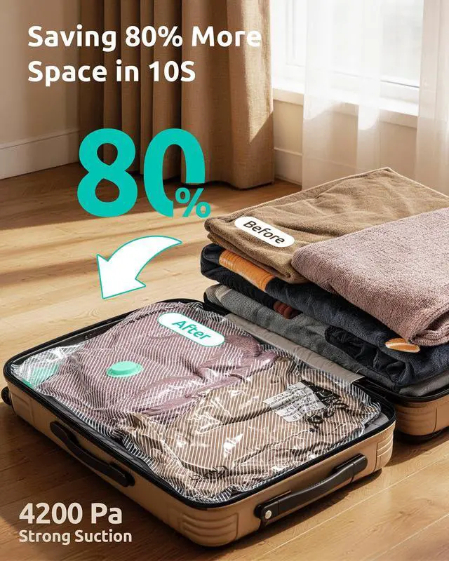 Alt view image 3 of 7 - 12 Pack Vacuum Storage Bags for Travel with Rechargeable Electric Pump, Long-Term Reusable Vacuum Seal Bags for Clothes and Blankets Compression, Carry-on Space Saver for Luggage and Suitcase