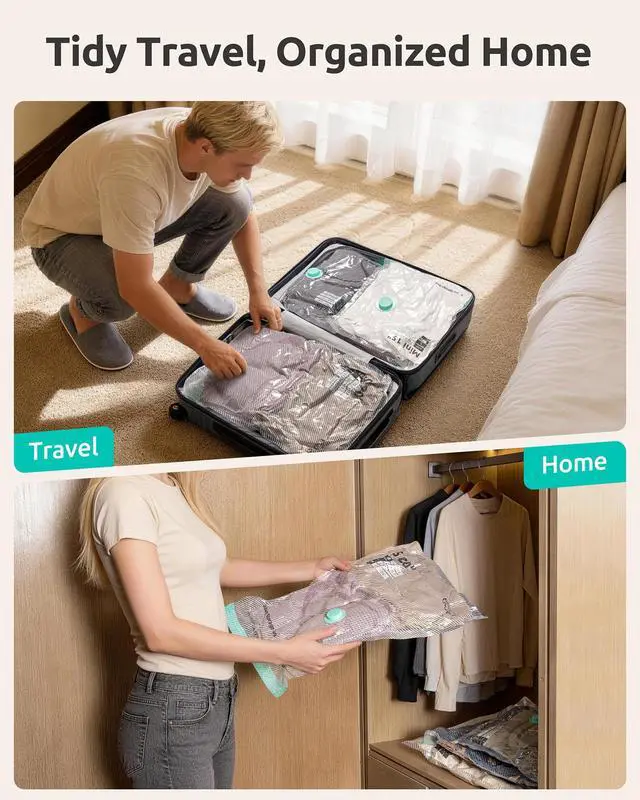 Alt view image 7 of 7 - 12 Pack Vacuum Storage Bags for Travel with Rechargeable Electric Pump, Long-Term Reusable Vacuum Seal Bags for Clothes and Blankets Compression, Carry-on Space Saver for Luggage and Suitcase