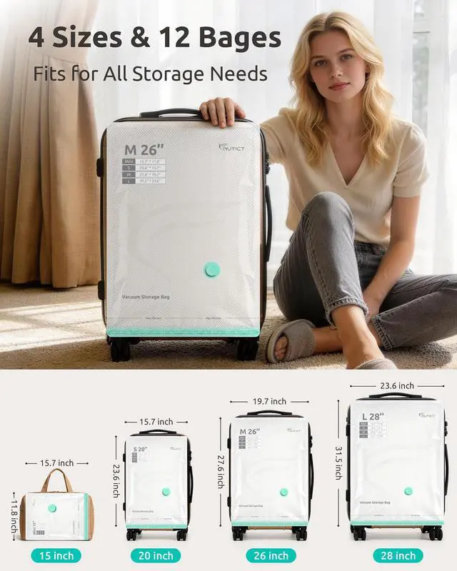 Alt view image 4 of 7 - 12 Pack Vacuum Storage Bags for Travel with Rechargeable Electric Pump, Long-Term Reusable Vacuum Seal Bags for Clothes and Blankets Compression, Carry-on Space Saver for Luggage and Suitcase