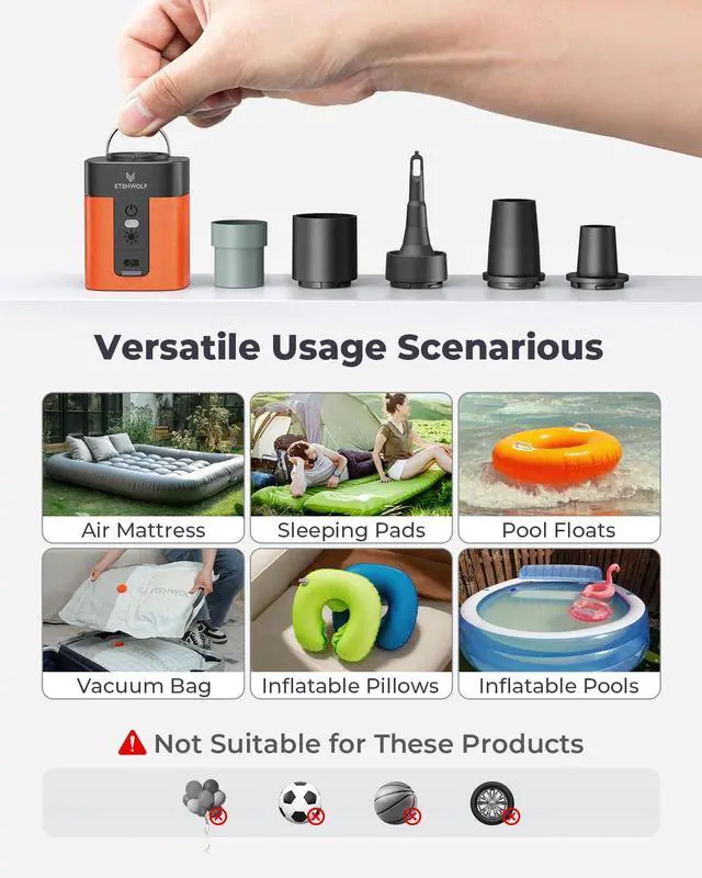 Alt view image 6 of 7 - AIR 3 Air Pump for Inflatables with 2600 mAh Battery & Camping Light, Ultra-Fast and Mini Electric Air Pump, Inflate Deflate for Air Mattress, Pool Floats, Vacuum Storage Bags, Vivid Orange