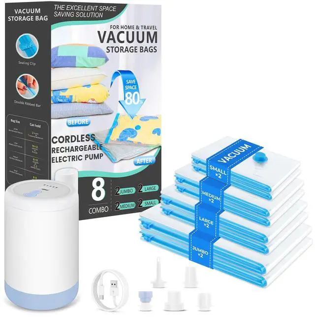 Main image of Vacuum Bags for Travel with Portable Electric Pump, 8 Pack Vacuum Seal Bags for Luggage and Suitcase Compression, Space Saver Vacuum Storage Bags for Clothes and Clothing Travel