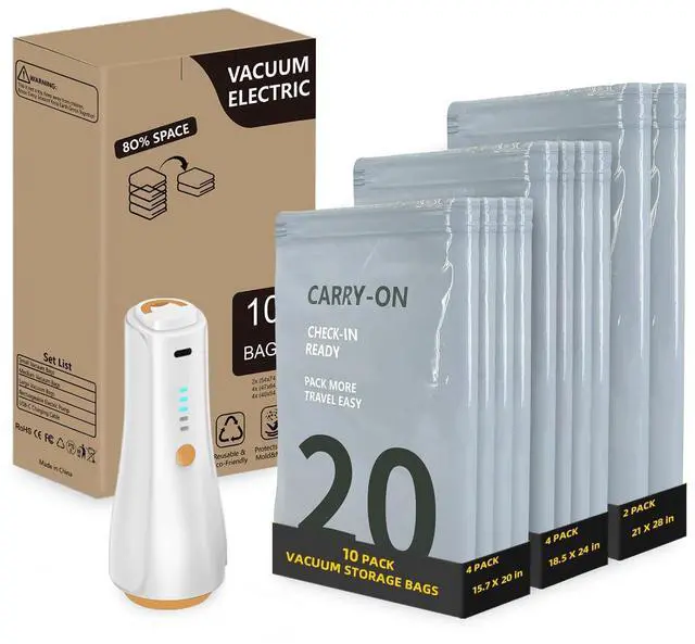 Main image of 10Pack Travel Vacuum Storage Bags with Rechargeable Wireless Electric Pump, 3 Sizes (20/24/28 Inch) Space Saver Seal Bags for Luggage Suitcase, Carry-on Size for Clothes Travel Essentials Luggage