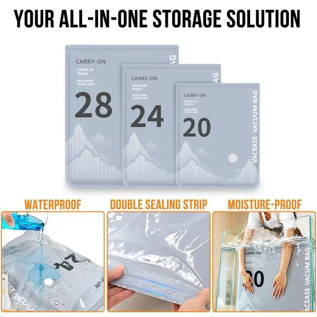 Alt view image 5 of 7 - 10Pack Travel Vacuum Storage Bags with Rechargeable Wireless Electric Pump, 3 Sizes (20/24/28 Inch) Space Saver Seal Bags for Luggage Suitcase, Carry-on Size for Clothes Travel Essentials Luggage