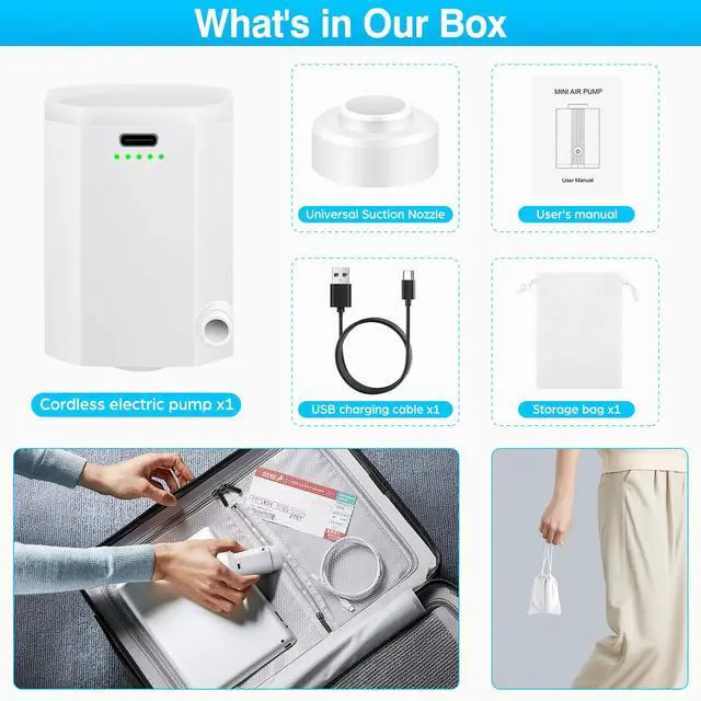Alt view image 5 of 7 - Cordless Electric Pump for Vacuum Storage Bags Travel Air Pump for Various Space Saver Bags Portable Rechargable Seal Bag Pump for Compression Clothes, Blanket, Luggage (White)