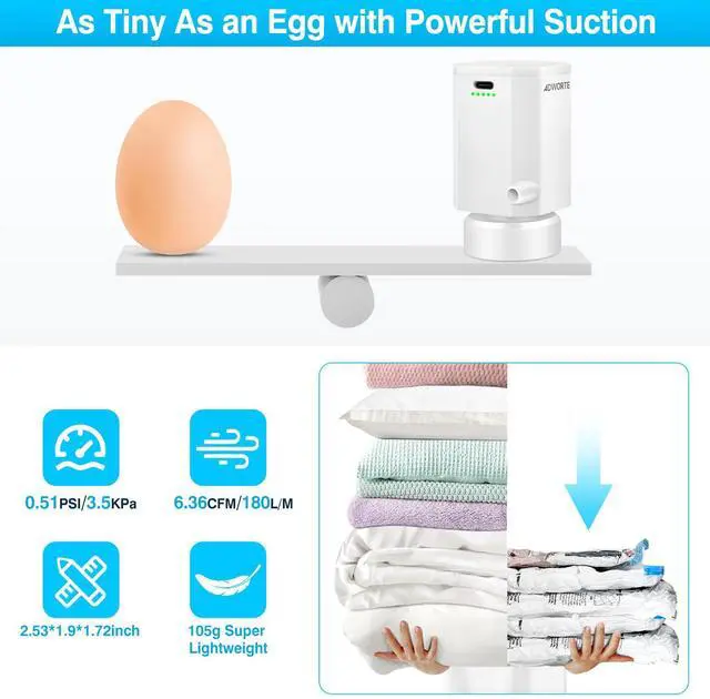 Alt view image 4 of 7 - Cordless Electric Pump for Vacuum Storage Bags Travel Air Pump for Various Space Saver Bags Portable Rechargable Seal Bag Pump for Compression Clothes, Blanket, Luggage (White)