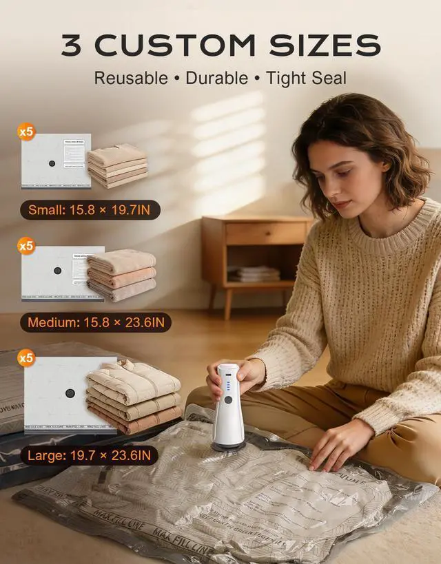 Alt view image 3 of 7 - 15 Pack Portable Vacuum Storage Bags for Travel with Rechargeable Electric Pump, Carry-on Size Compression Packing Bags for Clothing, Blankets, Space Saver for Luggage and Suitcase