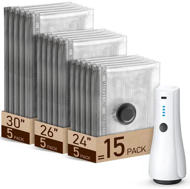Main image of 15 Pack Portable Vacuum Storage Bags for Travel with Rechargeable Electric Pump, Carry-on Size Compression Packing Bags for Clothing, Blankets, Space Saver for Luggage and Suitcase