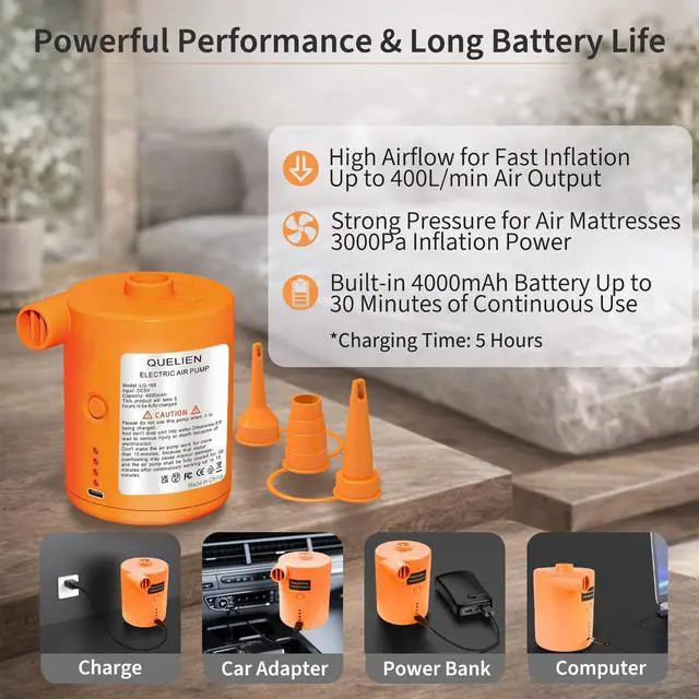 Alt view image 2 of 6 - Portable Electric Air Pump for Inflatables Rechargeable 4000mAh USB-C Air Pump for Pool Floats, Air Mattress, Vacuum Storage Bags Inflate & Deflate Tiny Pump for Travel, Camping, Home
