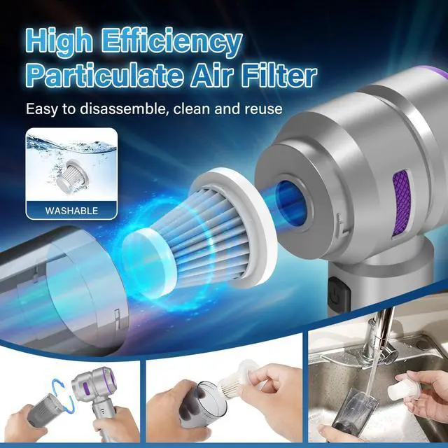 Alt view image 5 of 7 - Car Vacuum Portable Cordless 20000pa High Power 4-in-1 Handheld Vacuum Cordless Rechargeable, Portable Vacuum with 3 Reusable Filter, Small Vacuums for Car Home Office & Pet(Silver Purple)