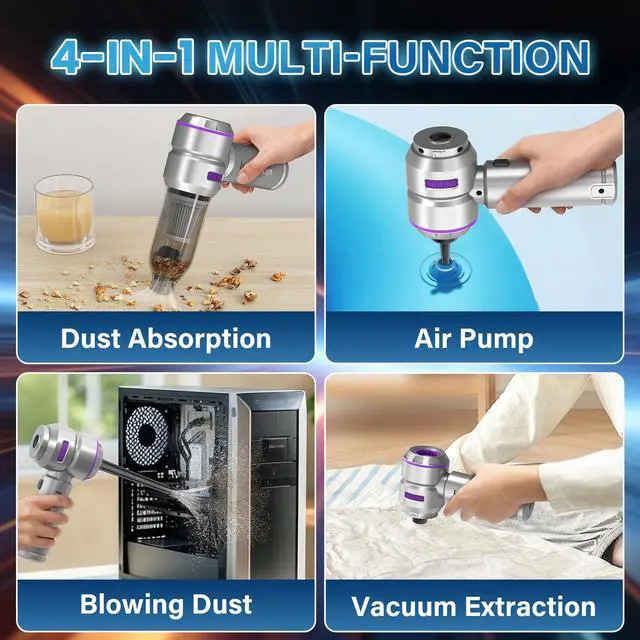 Alt view image 2 of 7 - Car Vacuum Portable Cordless 20000pa High Power 4-in-1 Handheld Vacuum Cordless Rechargeable, Portable Vacuum with 3 Reusable Filter, Small Vacuums for Car Home Office & Pet(Silver Purple)