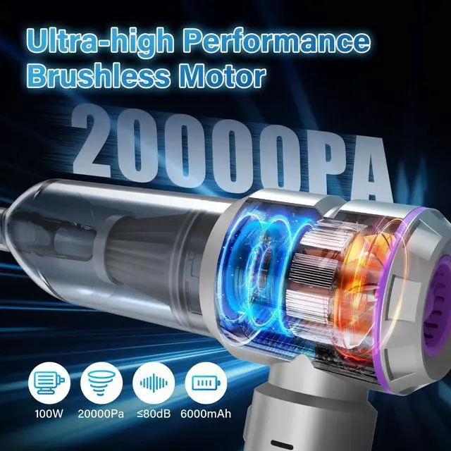 Alt view image 3 of 7 - Car Vacuum Portable Cordless 20000pa High Power 4-in-1 Handheld Vacuum Cordless Rechargeable, Portable Vacuum with 3 Reusable Filter, Small Vacuums for Car Home Office & Pet(Silver Purple)