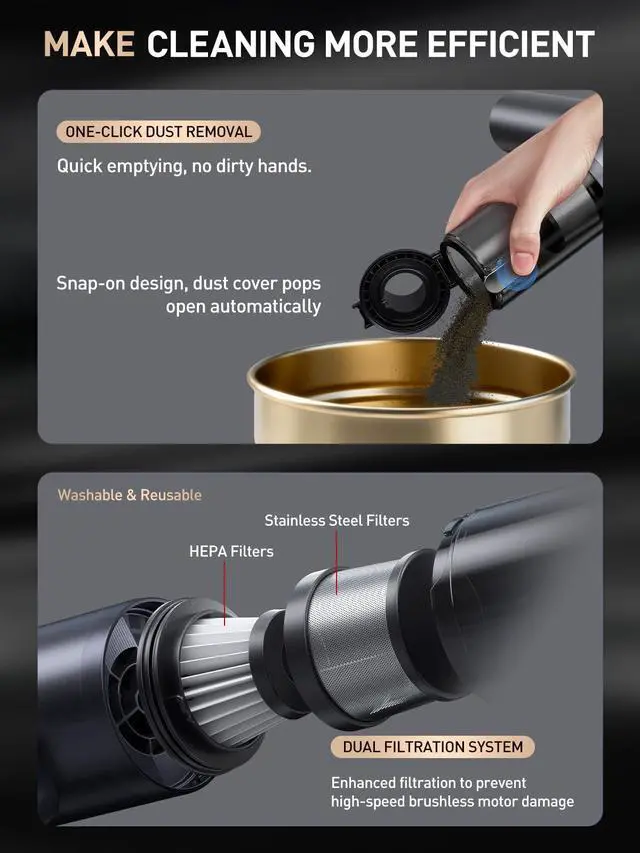 Alt view image 2 of 7 - Mini Car Vacuum Portable Cordless, 20000PA Powerful Suction,7800mAh,High Power, LED Light, Dual Filter, Car Vacuum Cleaner & Air Duster for Home, Desk, PC, Keyboard