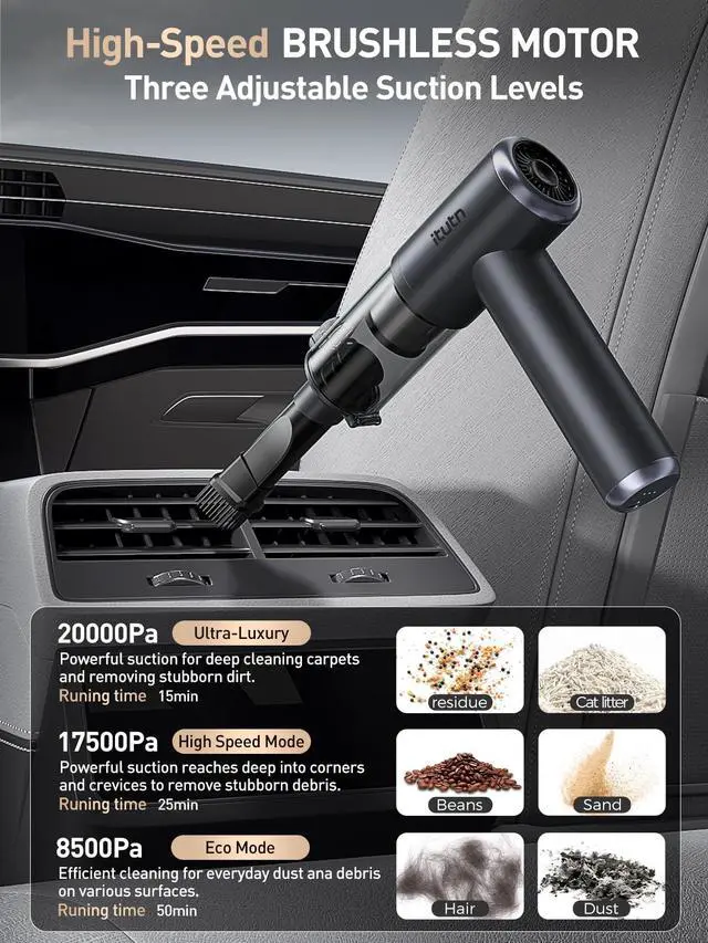 Alt view image 7 of 7 - Mini Car Vacuum Portable Cordless, 20000PA Powerful Suction,7800mAh,High Power, LED Light, Dual Filter, Car Vacuum Cleaner & Air Duster for Home, Desk, PC, Keyboard