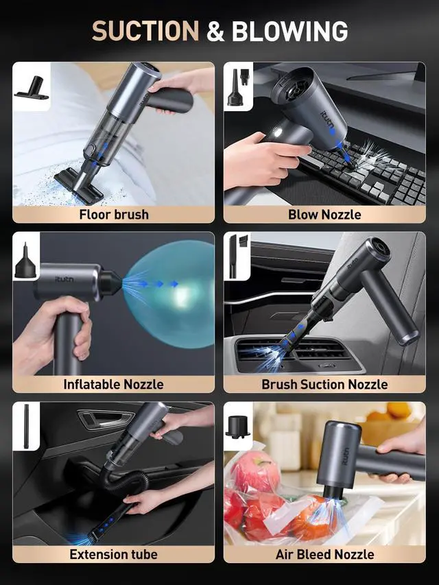 Alt view image 5 of 7 - Mini Car Vacuum Portable Cordless, 20000PA Powerful Suction,7800mAh,High Power, LED Light, Dual Filter, Car Vacuum Cleaner & Air Duster for Home, Desk, PC, Keyboard