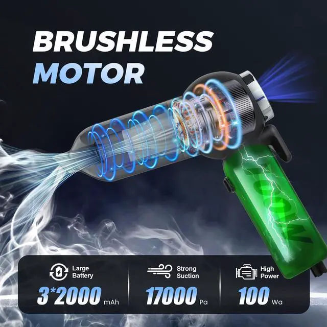 Alt view image 2 of 7 - Handheld Car Vacuum Cleaner, 6 in 1 Multi-function Cordless Small Vacuum, 17000PA Adjustable Portable with Brushless Motor for Inflation, Dust Blowing, Suction for Car, Home, Office All in One