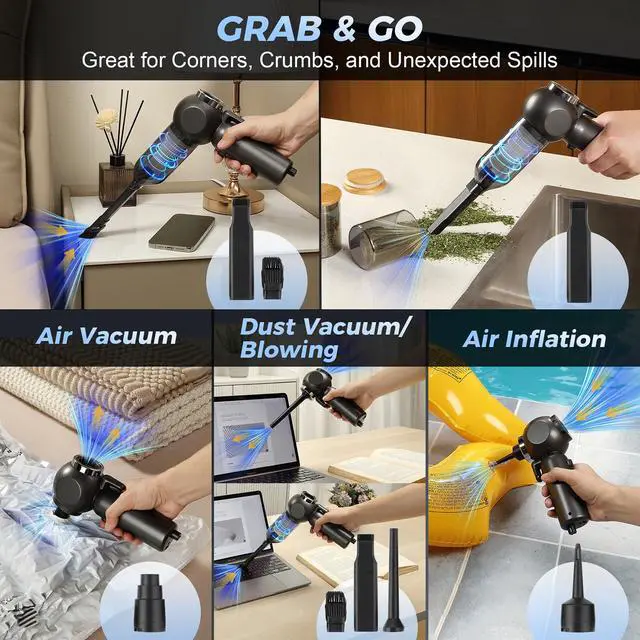 Alt view image 4 of 7 - Handheld Car Vacuum Cleaner, 6 in 1 Multi-function Cordless Small Vacuum, 17000PA Adjustable Portable with Brushless Motor for Inflation, Dust Blowing, Suction for Car, Home, Office All in One