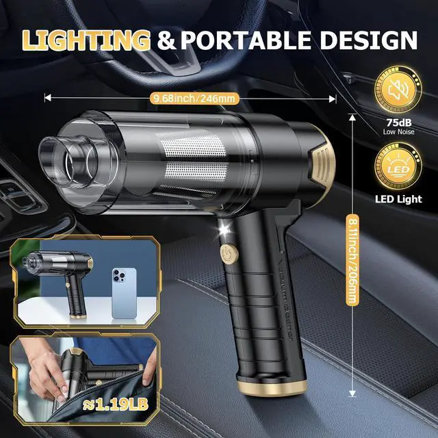 Alt view image 7 of 7 - Handheld Car Vacuum Cleaner Cordless, 16000PA Hand Held Vacuum Portable, 2 in 1 Air Duster and Mini Vacuum Cleaner Rechargeable with LED, Multi-Nozzles & Washable Filters for Home Office Car Pet
