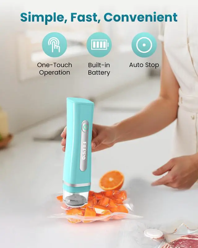Alt view image 4 of 7 - Vacuum Sealer for Food with Visible Water Tank, Handheld Saver Compact Vacuum Sealer Machine with 30 Reusable Bags for 6X Preservation & Fresh, Teal
