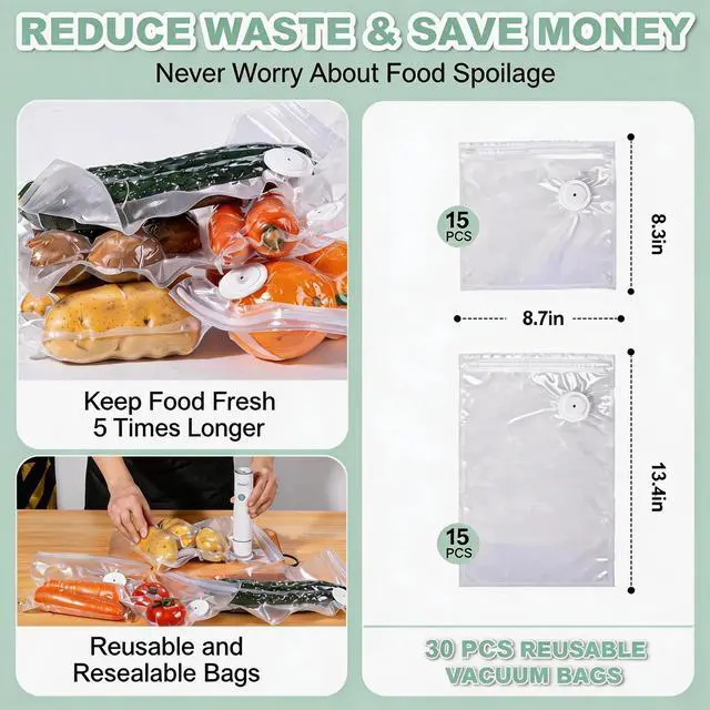 Alt view image 2 of 6 - Handheld Vacuum Sealer for Food Storage Portable & Rechargeable, Easy One-Hand Automatic Operation, 1 Vacuum Sealer + 30 Food Reusable Bags (50 Bags Optional)